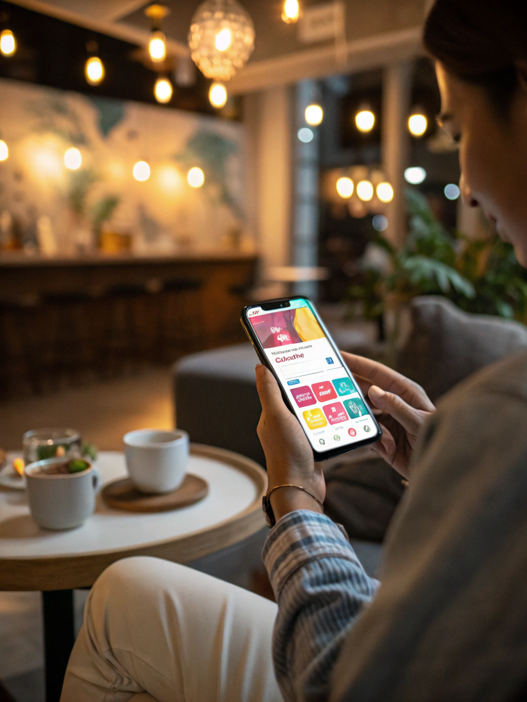 Una persona sosteniendo un teléfono y sonriendo en una mesa de café